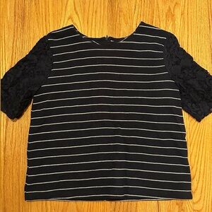 LOFT Navy and White Striped Blouse with Lace Sleeves